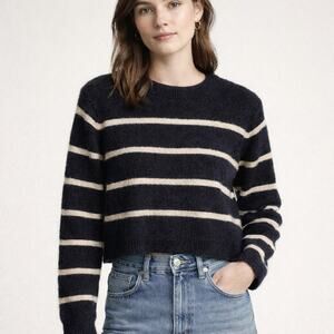 J.Crew Navy Glittery Striped Cropped Sweater Womens L Crewneck Extra Soft Breton